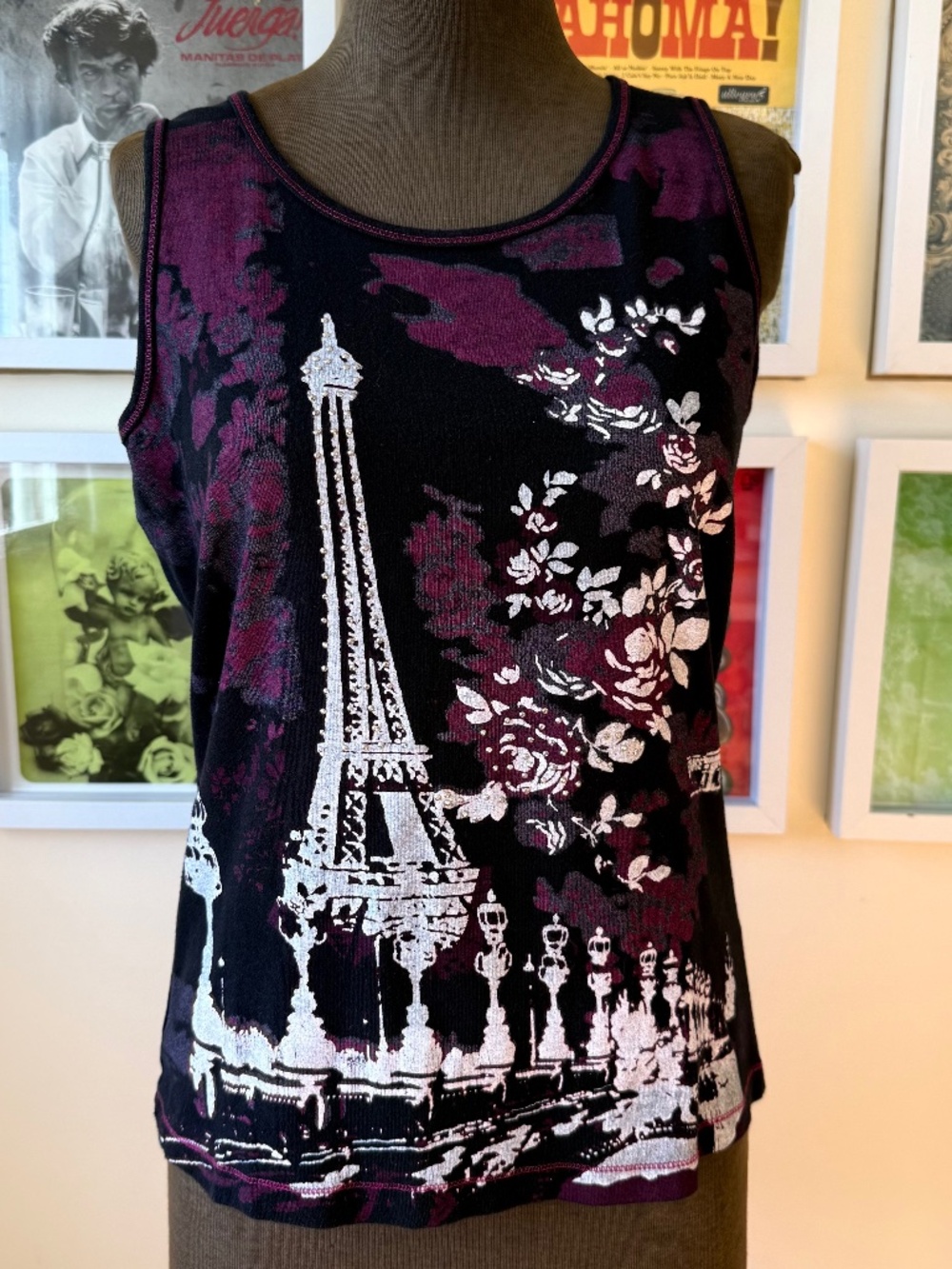 🗼 Y2K Black & Burgundy Paris Eiffel Tower Graphic Tank Top — Floral Cityscape